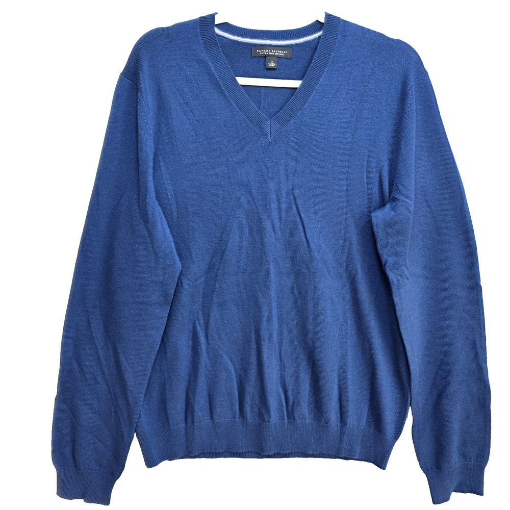 Banana Republic Extra Fine Merino Wool Sweater Mens M Blue Vneck Knit Jumper